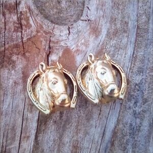 Vintage Horse Head Horseshoe Clip-On Earrings 🐎 Gold Tone Western